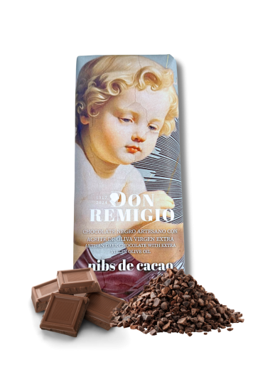 Chocolate negro artesano con aceite de oliva virgen extra (AOVE) y nibs de cacao